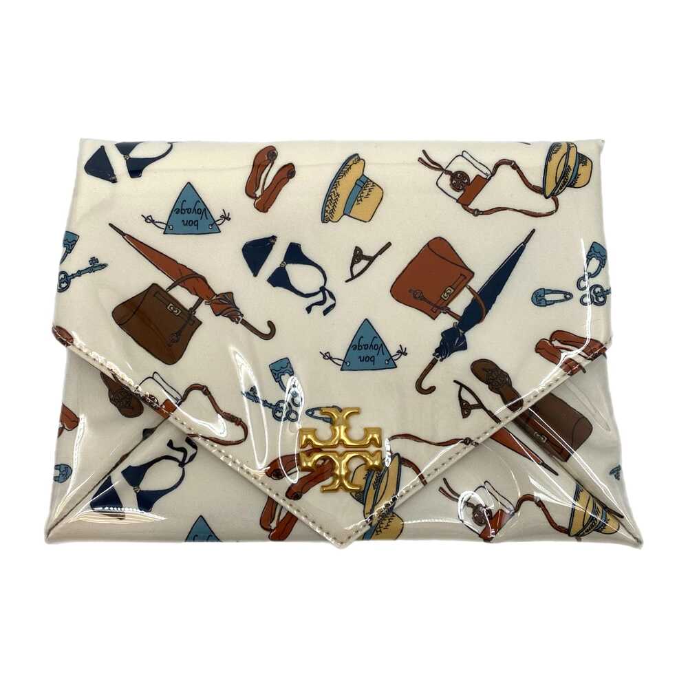 Tory Burch Cream Blue Leather Travel Print Envelope Clutch | Classic Style